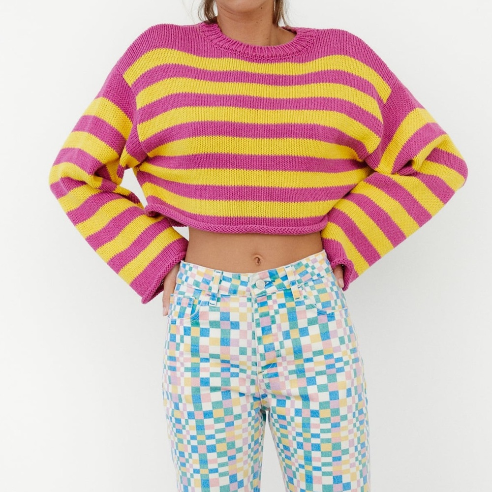 ZARA Cropped Knit Pink & Yellow Striped Sweater Size Small